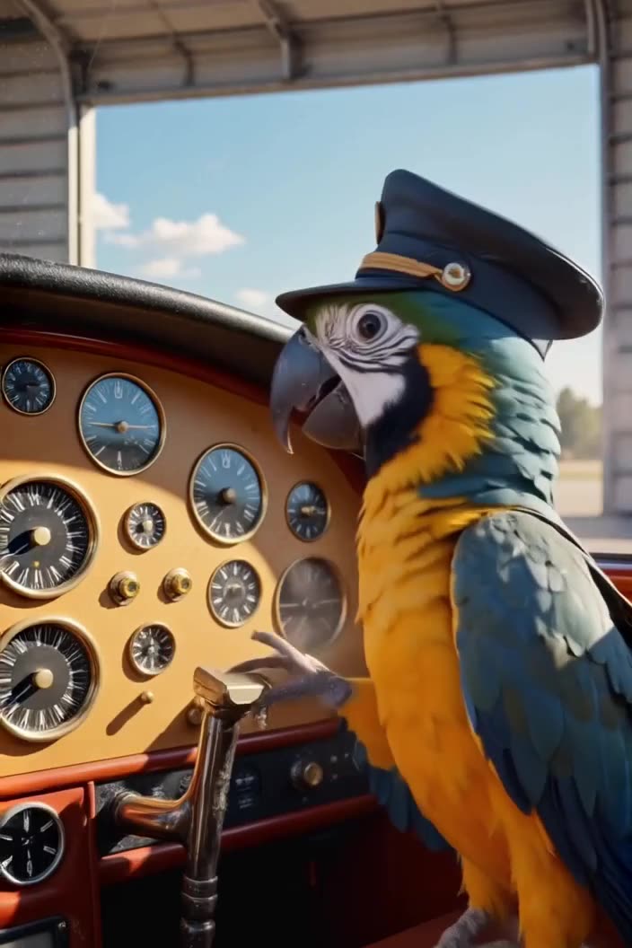 Parrot in a pilot’s cap adjusts brass dials on a wooden airplane dashboard in a hangar. I…