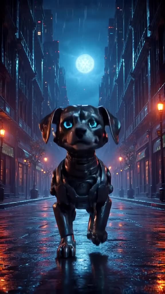 Cyberpunk neon city street at night. A robotic dog with glowing blue eyes walks confident…