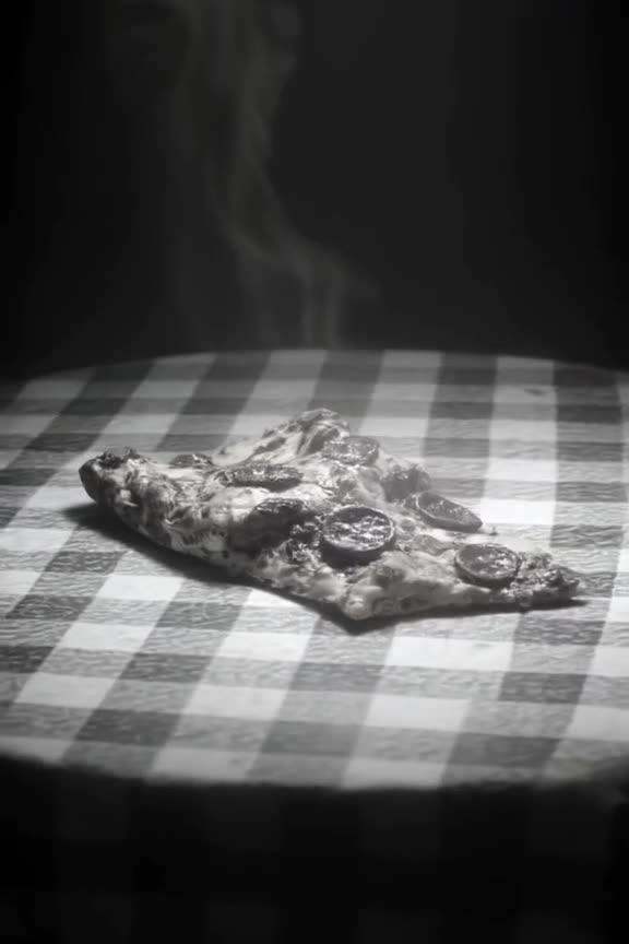 Noir anime style. A single slice of pizza sits on a checkered tablecloth in shadow. A spo…