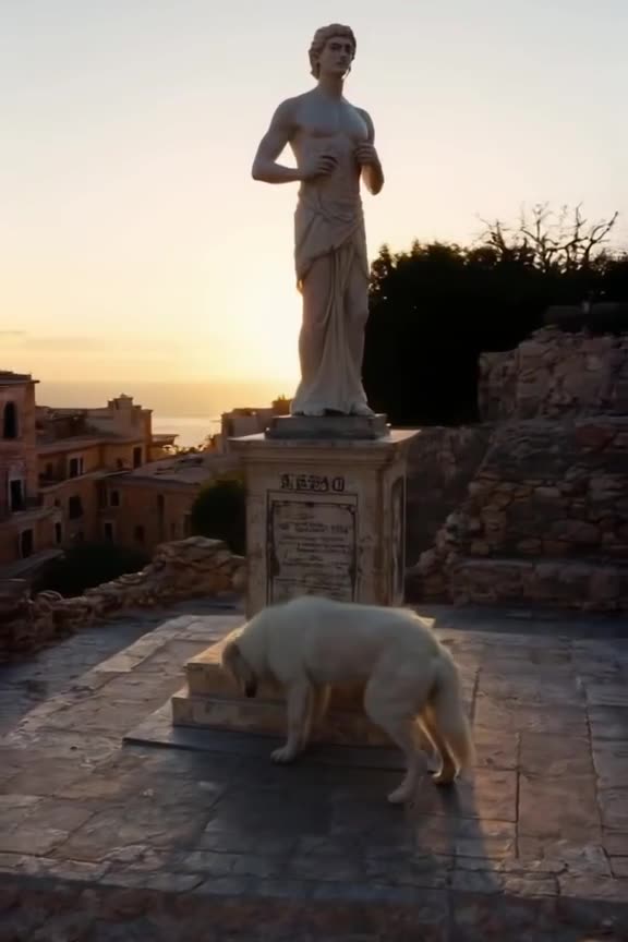 Fluffy white dog in a Santorini square, dramatically bowing to a statue of Apollo. The go…