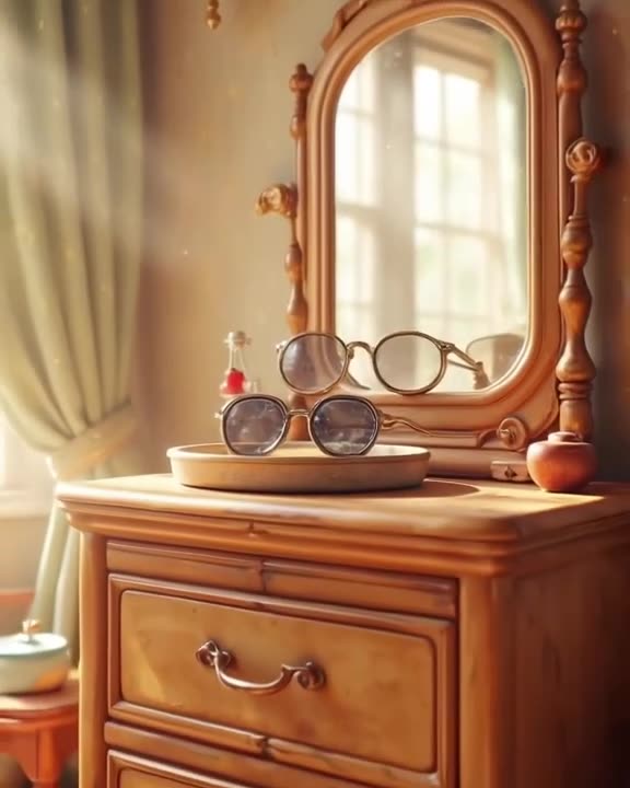 Antique dresser in a sun-drenched room, sunglasses rest atop a vintage mirror, soft dust …