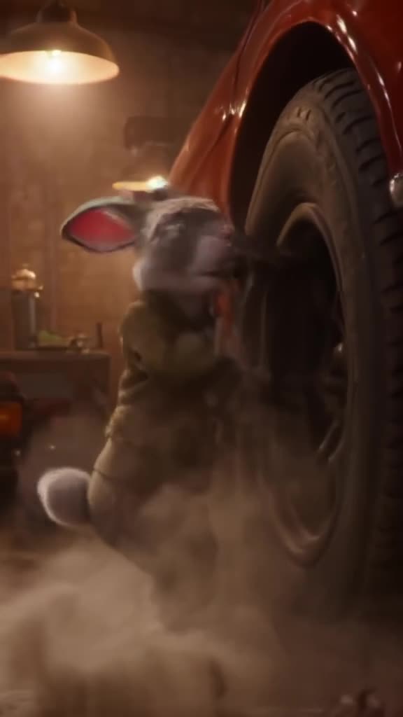An arctic hare in a mechanic’s uniform struggles to turn a massive wrench on a car tire. …