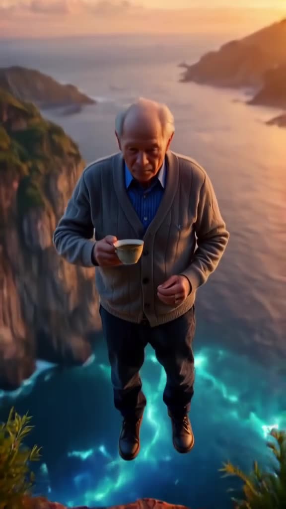 An elderly man in a cardigan bungee jumping off a cliff into a glowing bioluminescent bay…