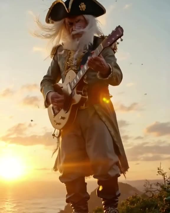 A 100-year-old pirate captain in full regalia playing air guitar on a cliff edge at sunse…