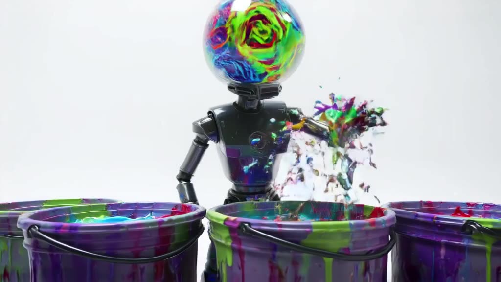A robot with a glass head filled with swirling colored liquids dances by dipping its hand…
