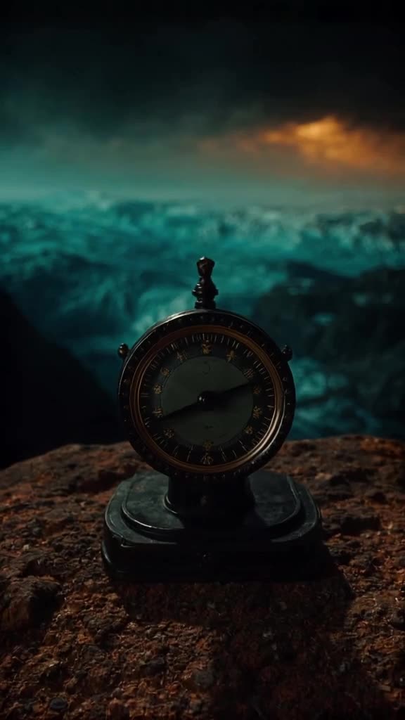 A vintage compass spins wildly on a rock. The needle locks onto a distant glacier. Click …