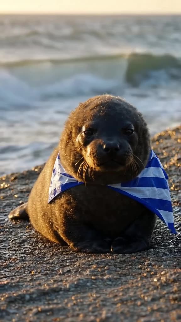 Cute baby seal lounging on a rocky Aegean shore, wearing a tiny Greek flag cape. It stare…