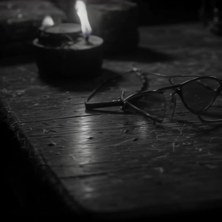 Wooden desk in a dimly lit study, a pair of wooden-framed sunglasses rests next to an ope…