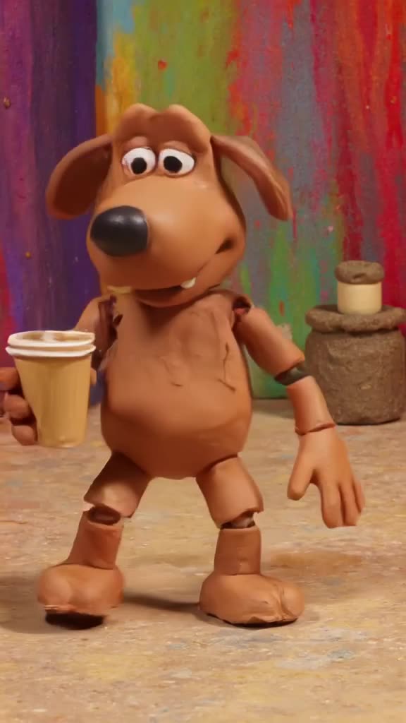 A claymation robot dog wobbles into frame, holds a latte, and does a silly wiggle dance. …