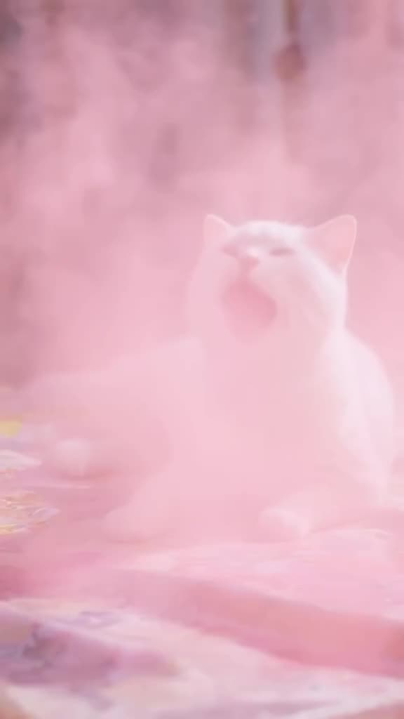 A white Persian cat lies on a silk sheet. A fan blows a gentle stream of pink powder acro…