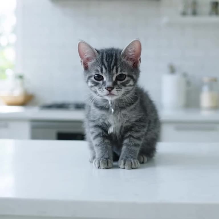 A tiny grey tabby kitten sits rigidly on a minimalist white kitchen island, refusing to b…