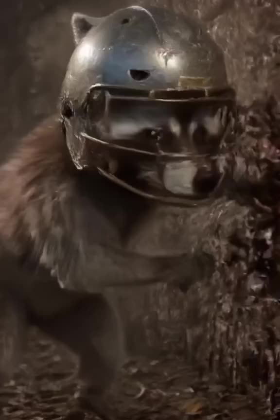 A raccoon in a football helmet charges at a wall of ribs. Camera shakes with impact. Dram…