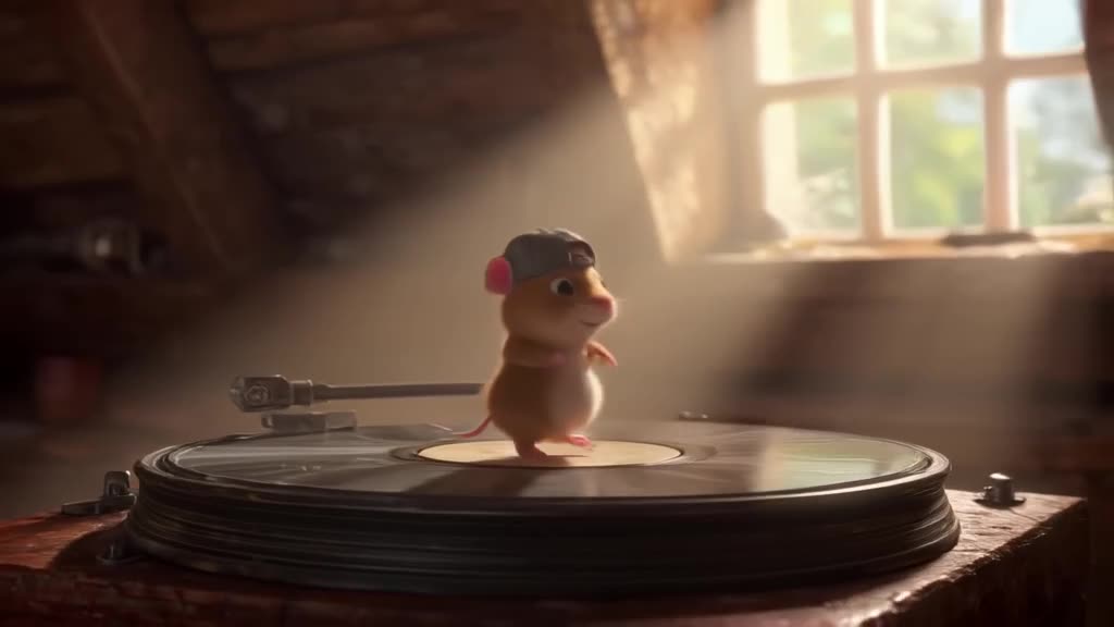 A tiny hamster wearing a backwards cap breakdancing on a vintage turntable. Sunlight stre…