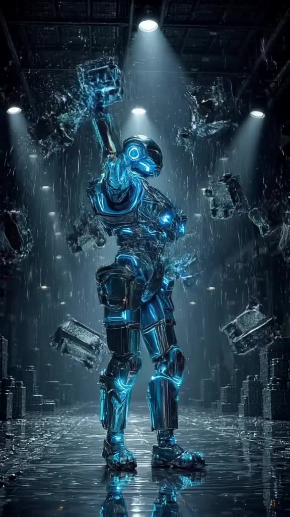 A metallic robot with neon blue joints performs the 'floss' dance inside a dark warehouse…