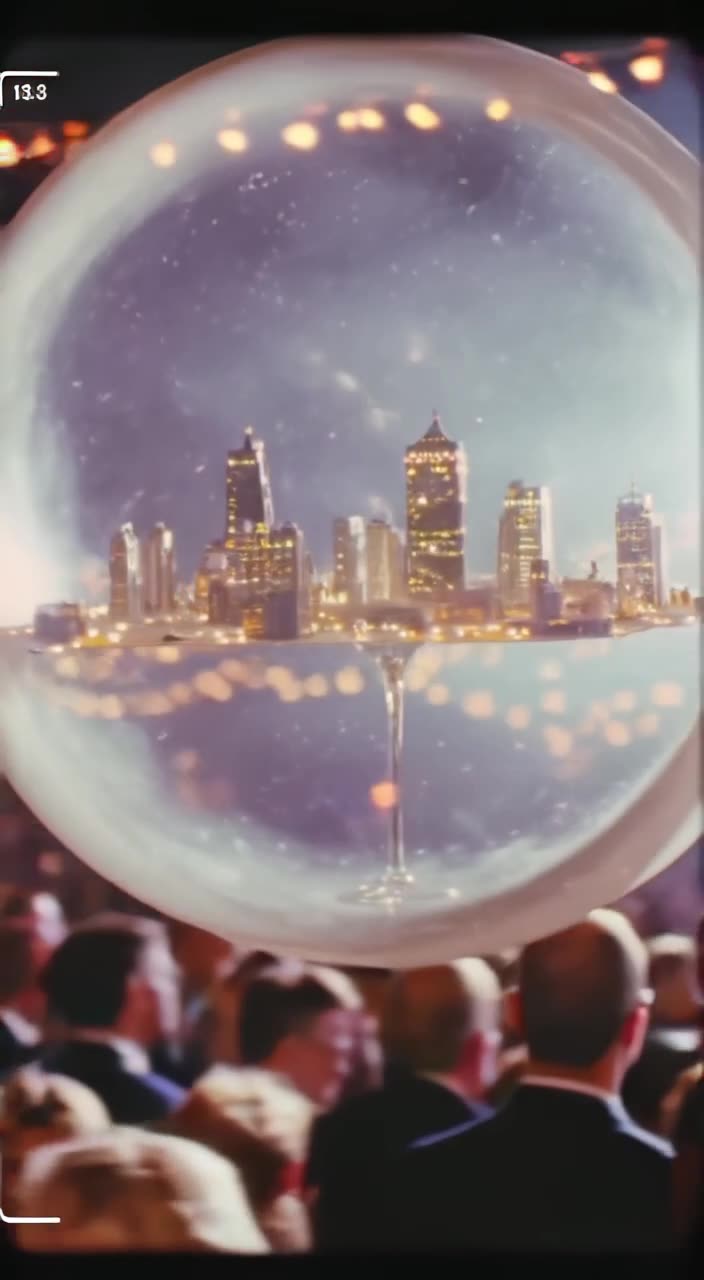 A giant, translucent jelly bubble floats through a crowded New Year’s Eve party. Inside t…