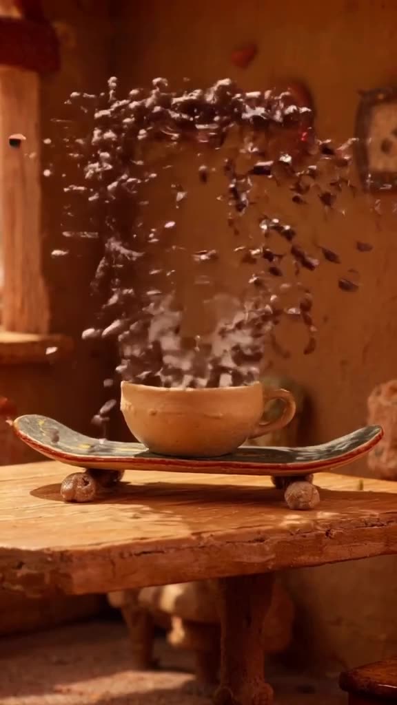 A skateboard rests on a table in a cozy café as a whirlwind of coffee beans spins above i…