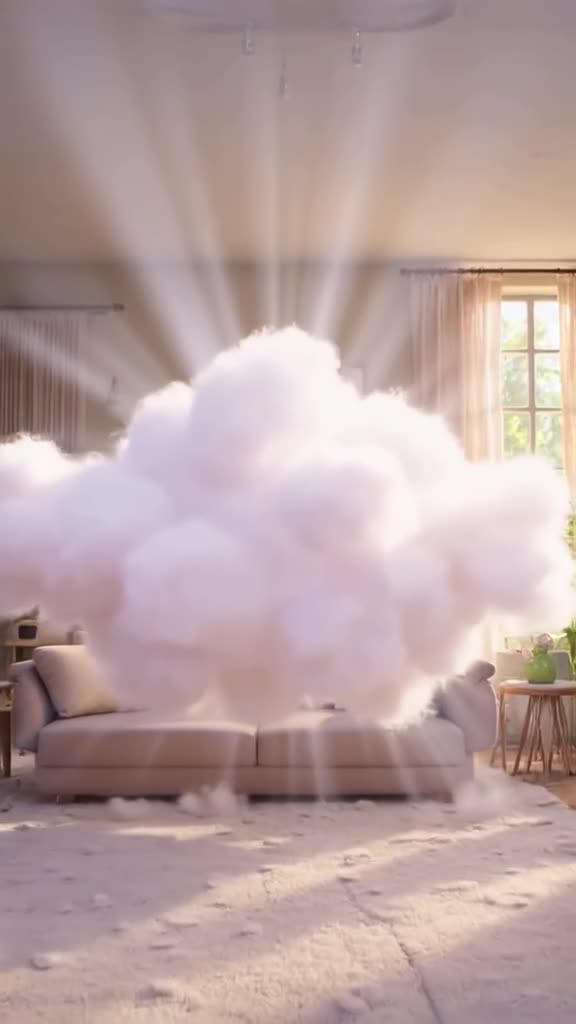 A minimalist living room sofa inflates into a giant, plush cloud shape with soft pastel c…