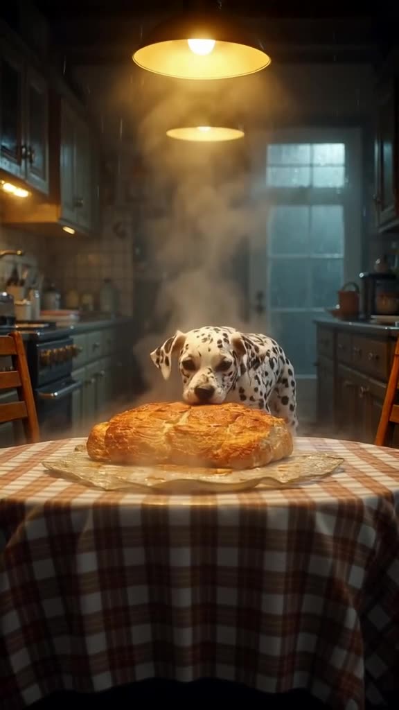 A Dalmatian puppy nuzzles a steaming loaf of artisan bread on a checkered tablecloth. Ste…