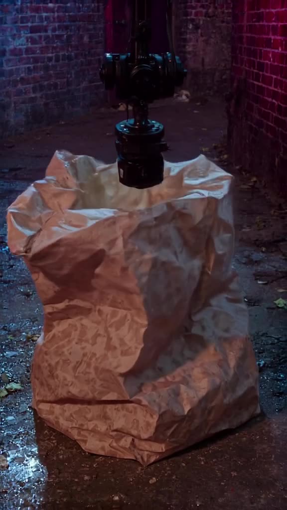 A crumpled paper bag sits in a gritty alley. It unfolds magically into a pristine, glowin…