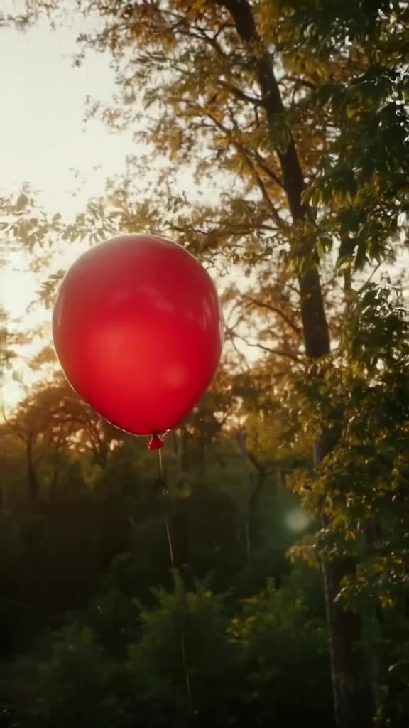 A single red balloon floats upward through a forest canopy at sunrise. As it rises, it ge…