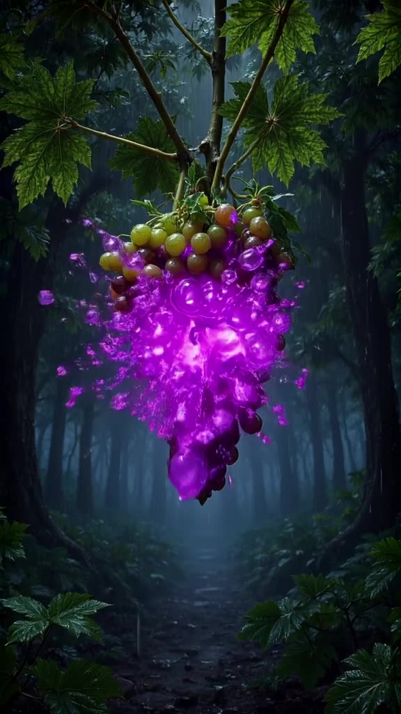 A cluster of vine grapes glows with inner bioluminescence. One pops, splashing neon purpl…