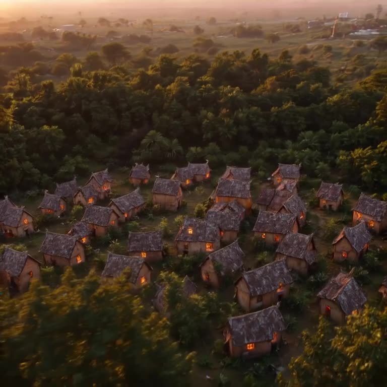 Drone view zooms into a miniature village built inside a hollowed-out pumpkin. Warm orang…