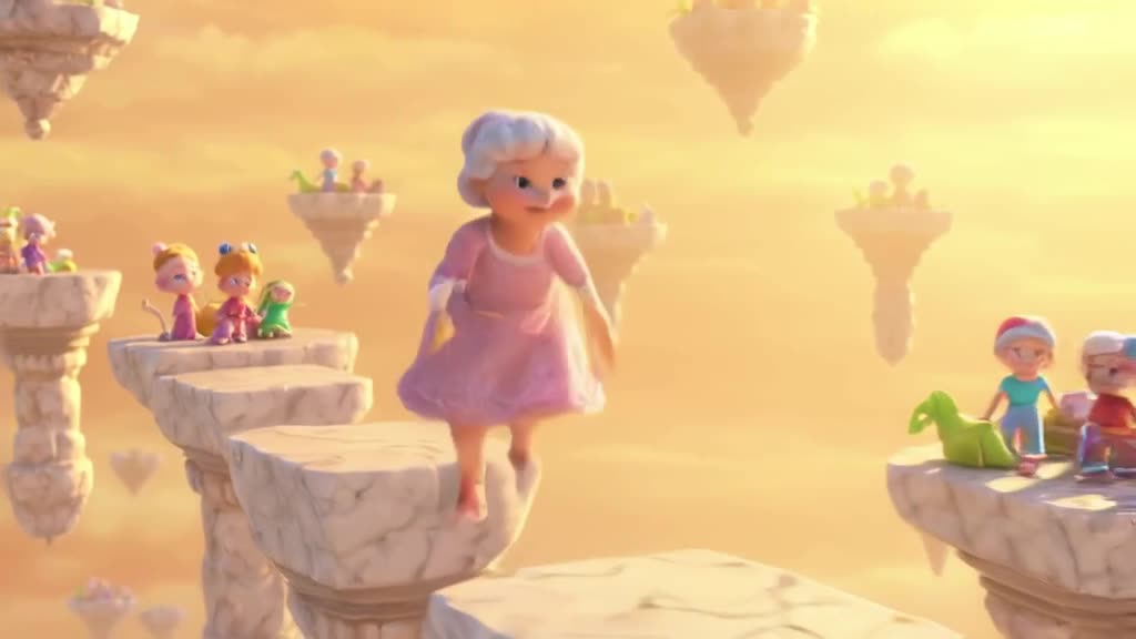 A grandma in a lace dress parkours across floating marble islands in a void of golden sun…