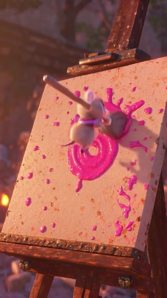 A tiny hamster in a painter's beret dips a giant brush into neon pink paint. It spins wil…
