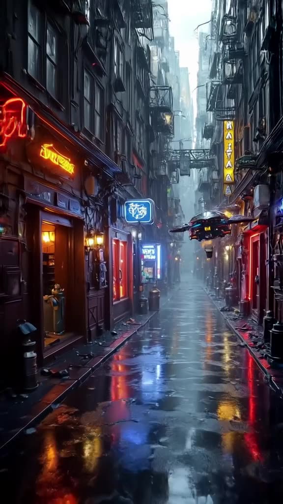 A cyberpunk neon-lit alleyway. A soda machine dispenses a drink that floats upward, anti-…