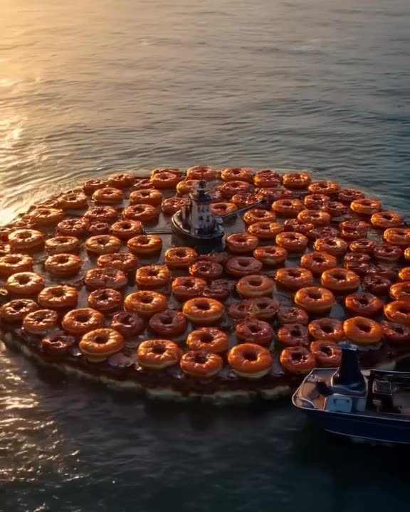 Drone shot circling a floating island made entirely of donuts, with a submarine docked li…