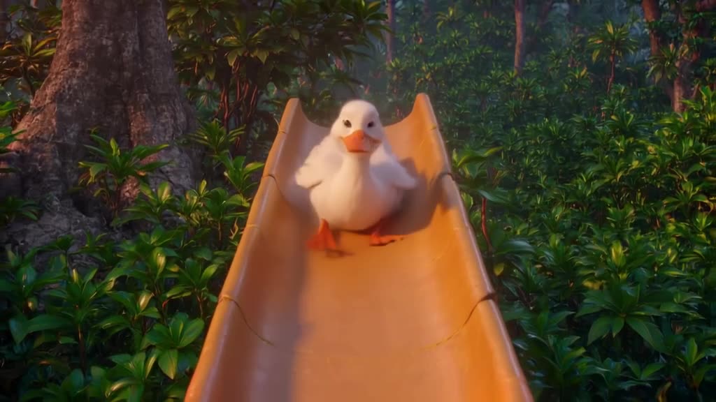 A duck slides down a banana peel like a slip-n-slide, laughing silently. The background i…