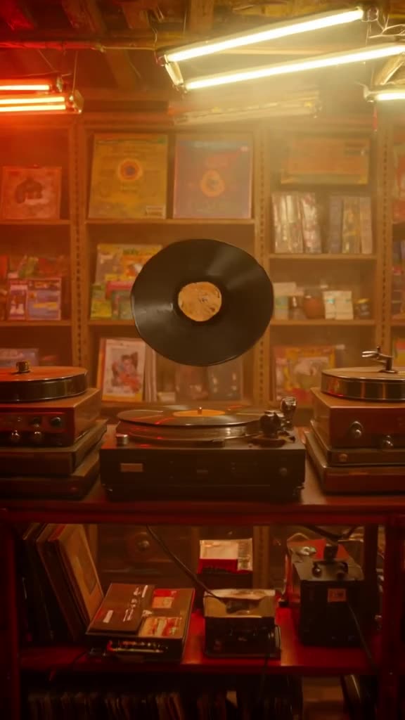 Vintage record store, dusty shelves. A vinyl record spins alone on a turntable, lifting o…