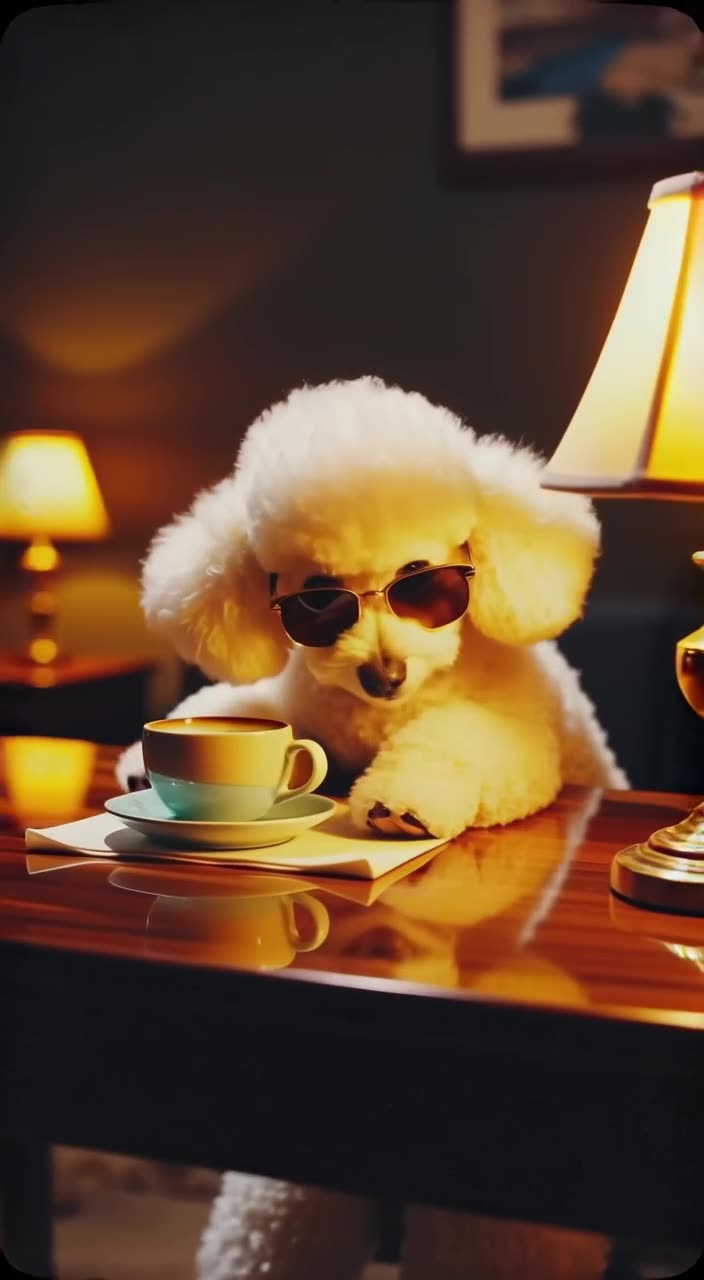 A poodle in sunglasses slides across a polished wooden table on a napkin, holding two esp…