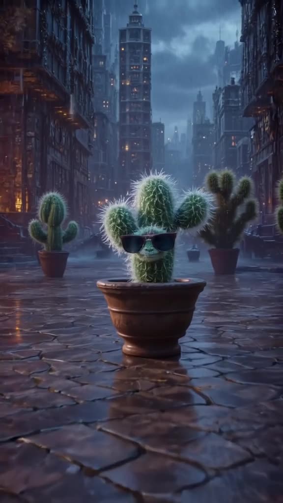 Tiny cactus in a Greek-style courtyard pot, wearing sunglasses. It dramatically shivers a…