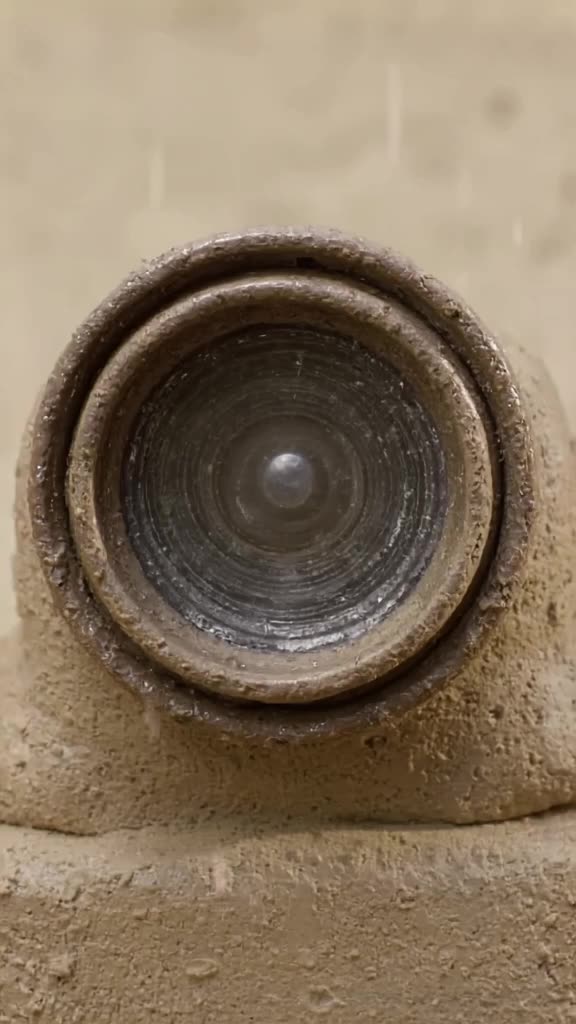 A vintage camera lens sits in the rain. As lightning flashes, the lens captures a flash o…