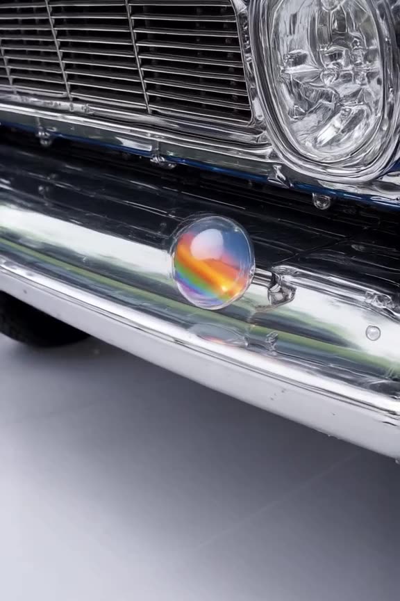 A classic car’s chrome bumper acts as a mirror for a rainbow reflecting off a soap bubble…