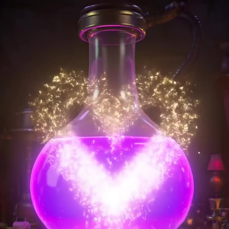 A giant glowing flask bubbles with neon purple liquid inside a dark lab. Suddenly, it exp…