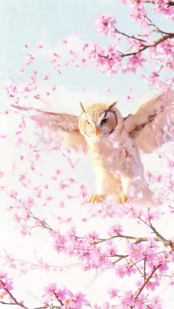 A snowy owl flaps its wings as a tornado of blooming cherry blossoms swirls around it. Pe…