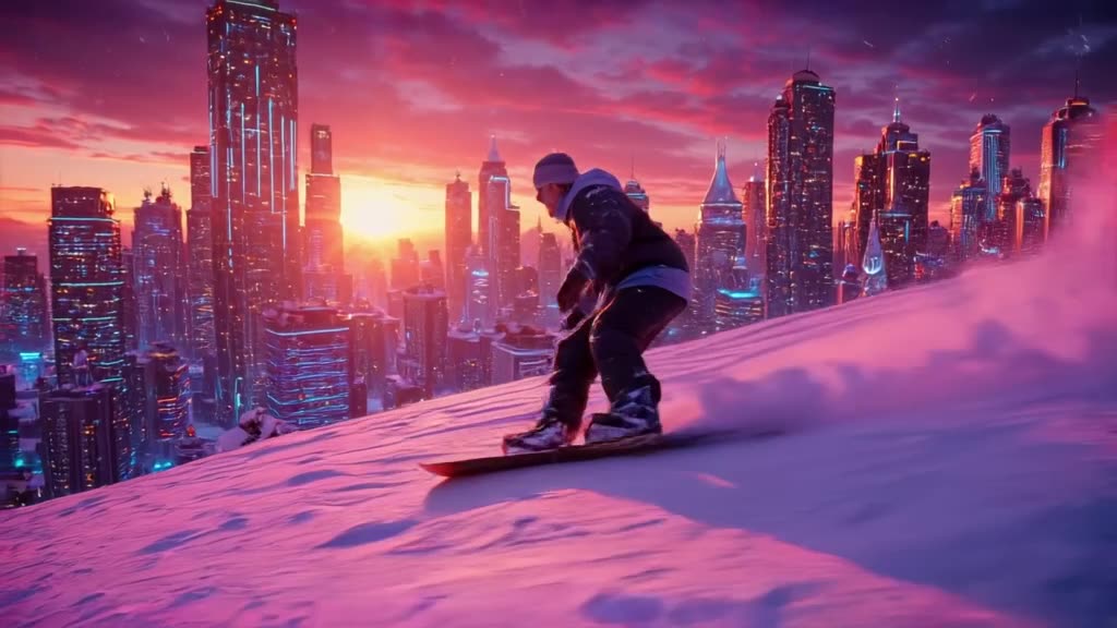 A senior man snowboarding down a pink-snowed mountain, carving through powder that explod…