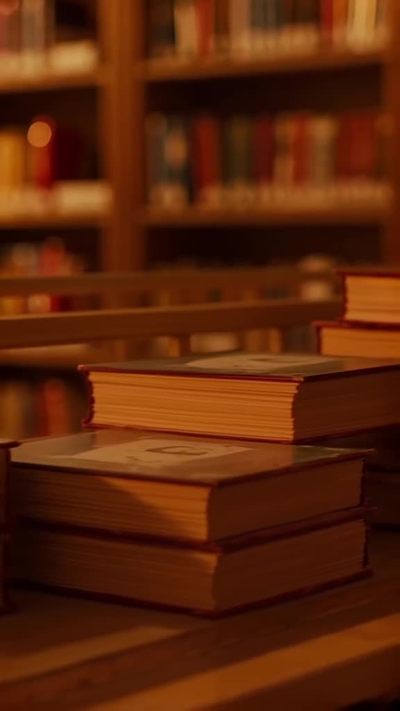 A stack of books slides off a shelf, arranging themselves neatly with a synchronized 'thu…