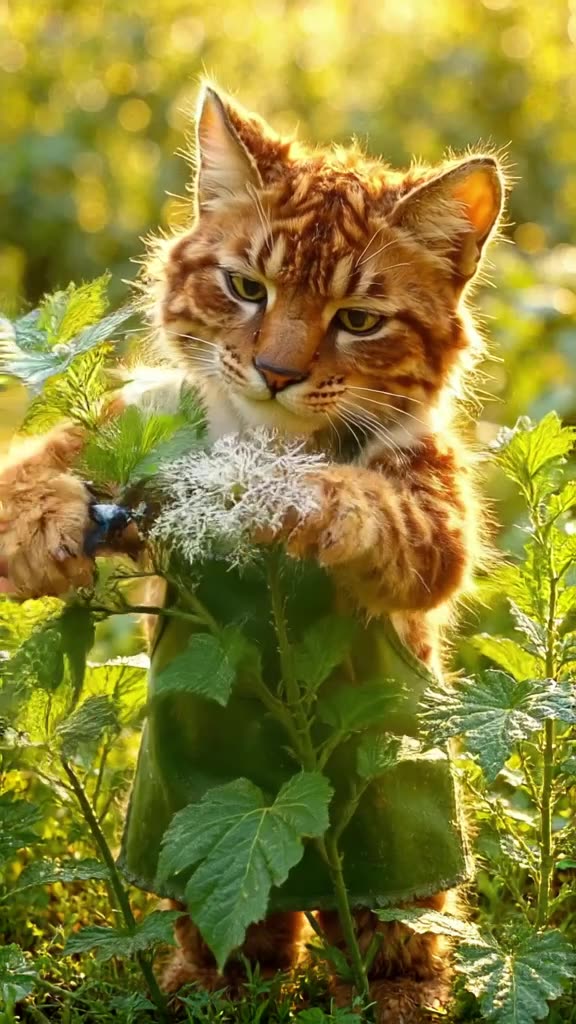 A lynx in a gardening apron tries to prune a delicate ice flower but snips the whole stem…