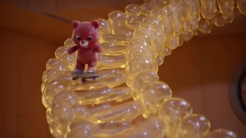 Macro shot of a gummy bear wearing sneakers skateboarding down a spiral staircase made of…