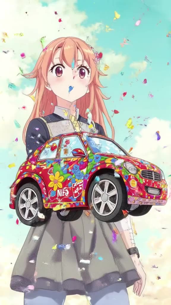 An anime-style girl blows a bubble with racing gum that expands to become a giant, colorf…