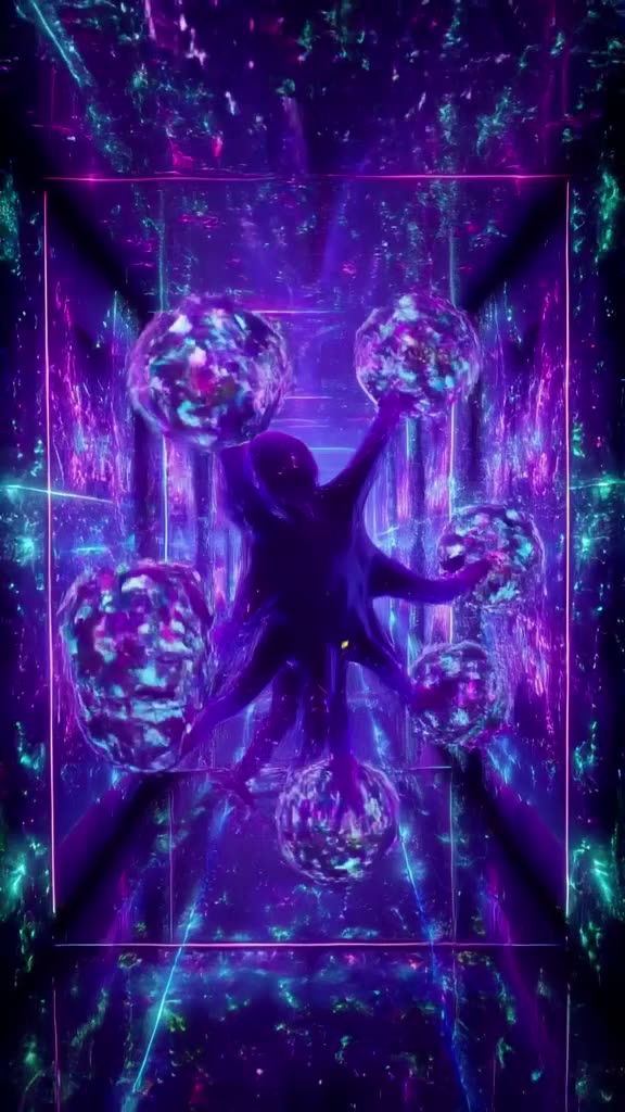 An octopus uses all eight arms simultaneously to juggle glowing disco balls in a dark, ne…