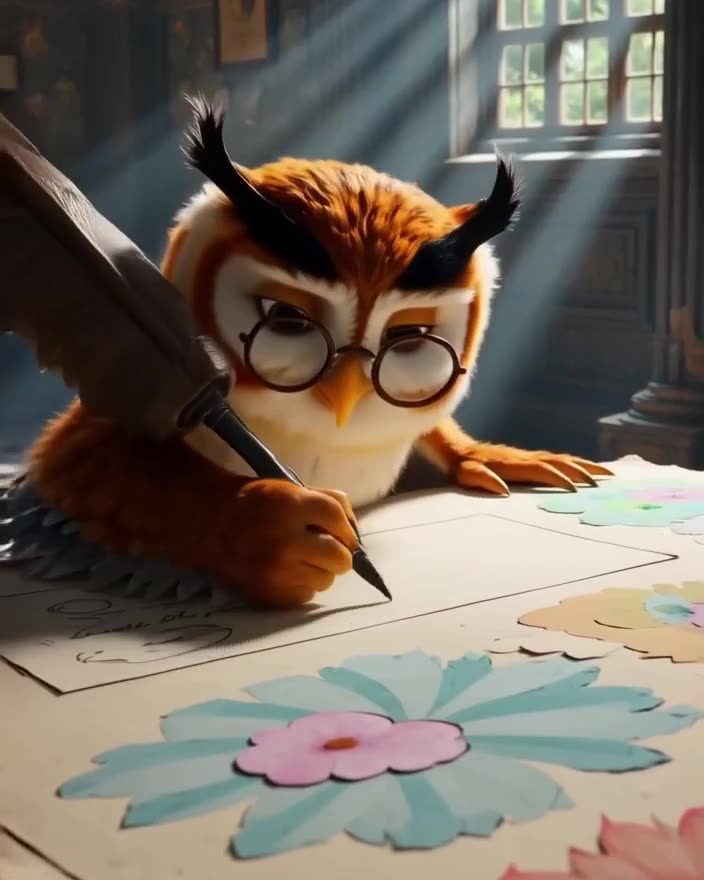 Owl wearing round spectacles perches on a giant quill pen, trying to sign a contract on a…