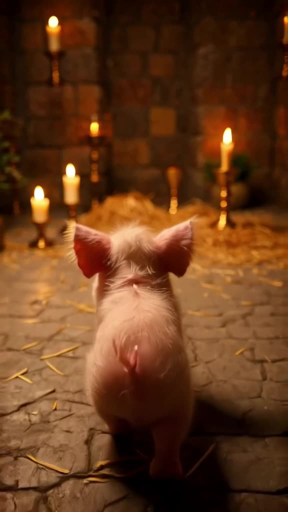 A baby piglet waddles toward a golden goblet filled with berries, ignoring a bowl of hay.…