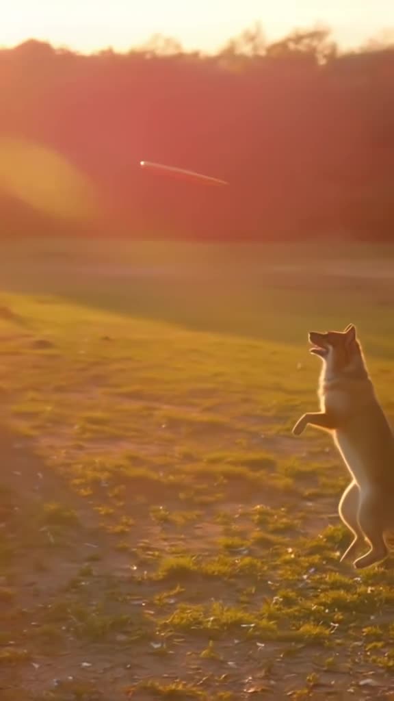 A drone shot follows a frisbee thrown by a squirrel, missing the target dog who catches i…