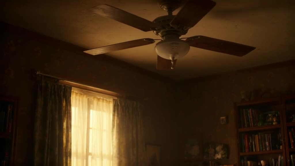 A lonely, sad-looking balloon floats up toward a ceiling fan. Golden hour light streams t…