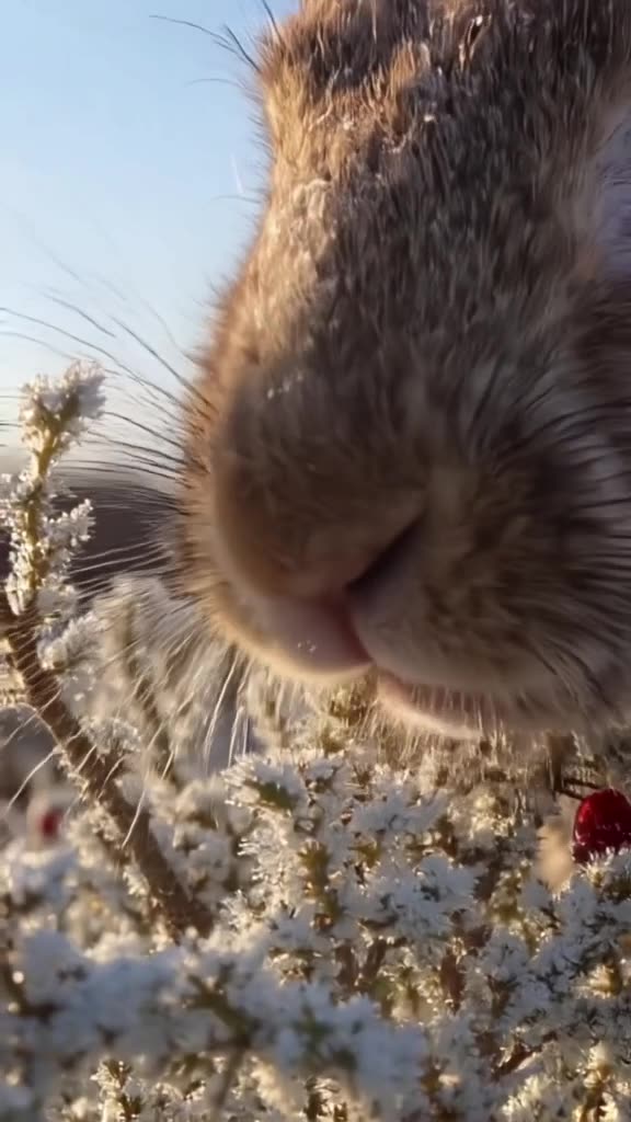 A snowy hare’s nose twitches rapidly as it sniffs a fresh berry under a frosty bush. Clos…