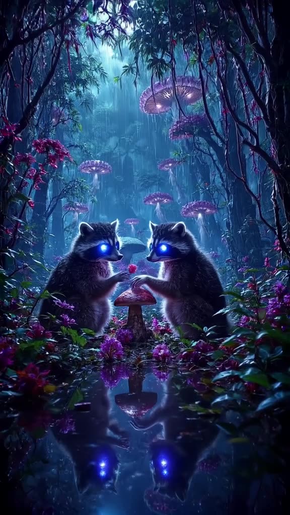 An owl and a raccoon sharing a mushroom under a giant toadstool in a bioluminescent fores…